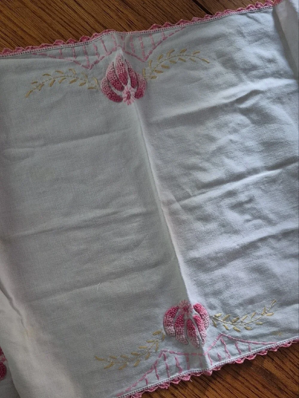 White Linen Runner with Pink Embroidered Floral Design